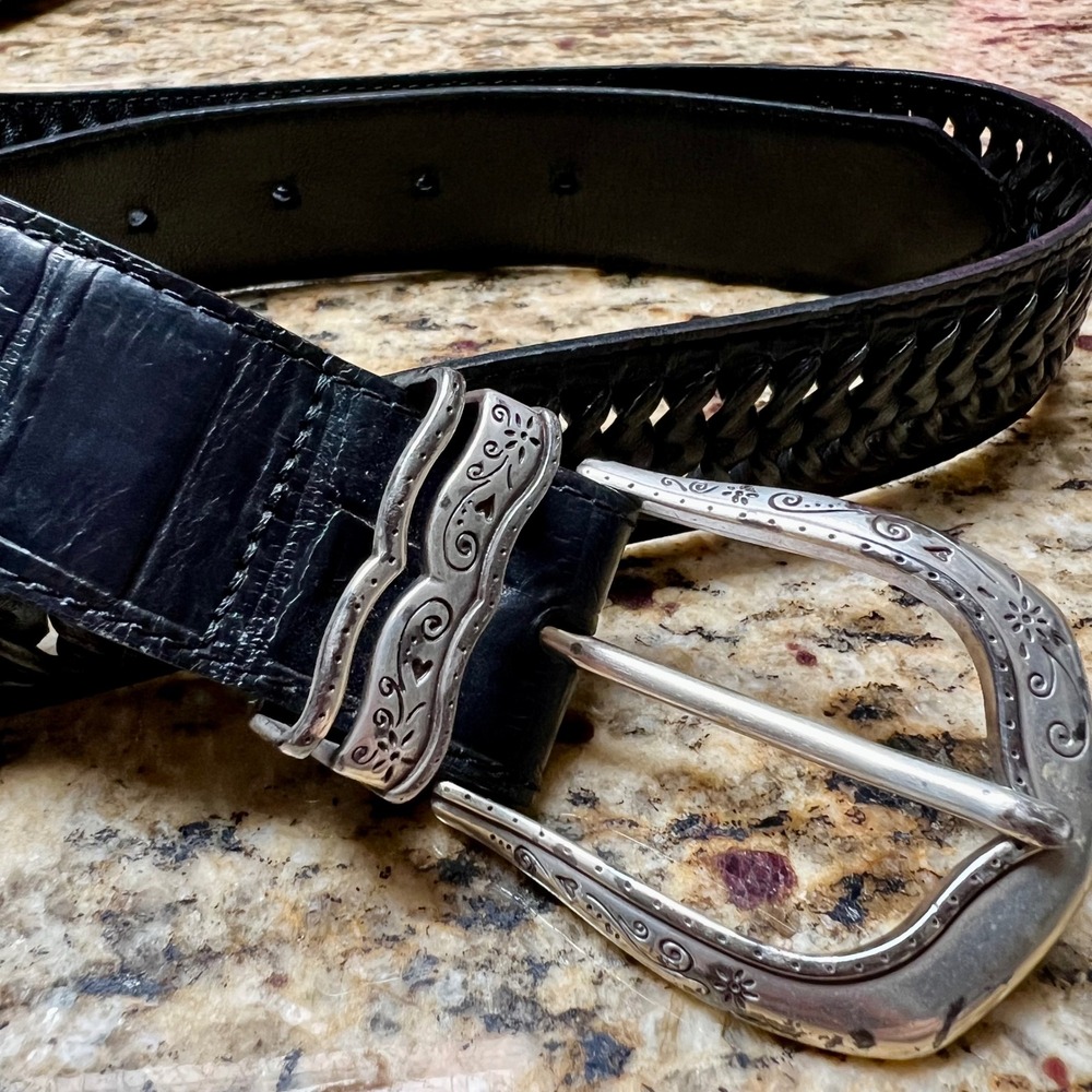 Brighton Black Leather Woven Croc Embossed Belt Silver Engraved Hardware Womens
